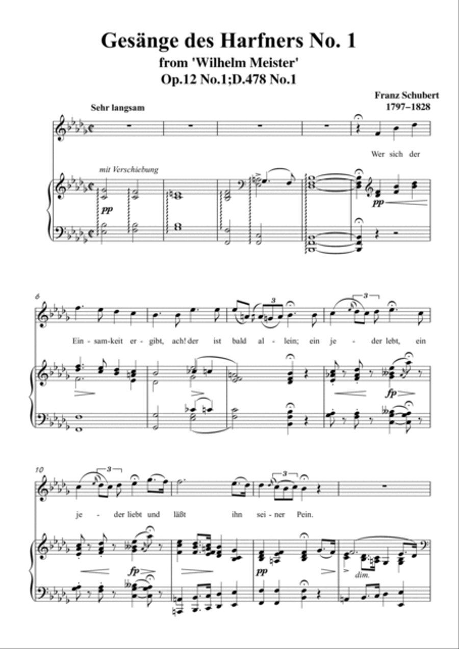 Schubert-Gesänge des Harfners,Op.12 No.1 in bB minor,for Vocal and Piano Voice scores gallery preview page 2
