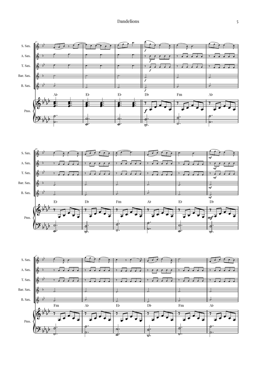 Dandelions Saxophone Quintet scores gallery preview page 5