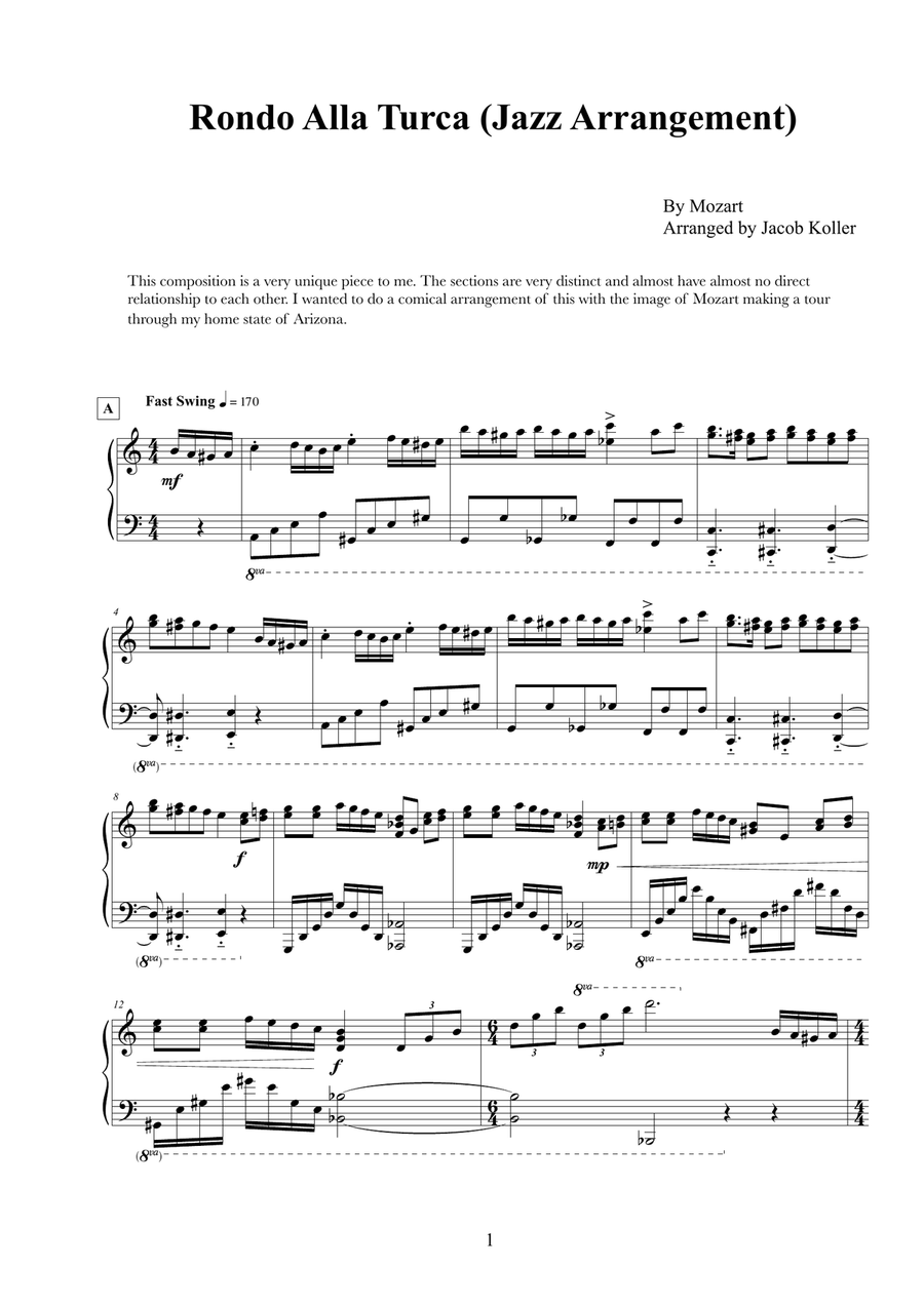 Rondo Alla Turca (Jazz Arrangement) Piano Solo scores gallery preview page 1