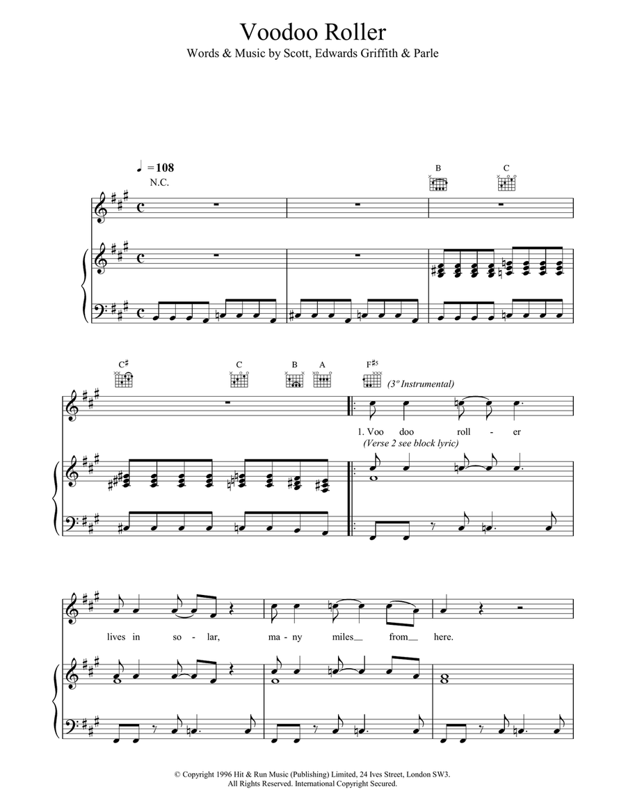 Voodoo Roller Piano, Vocal, Guitar scores gallery preview page 1