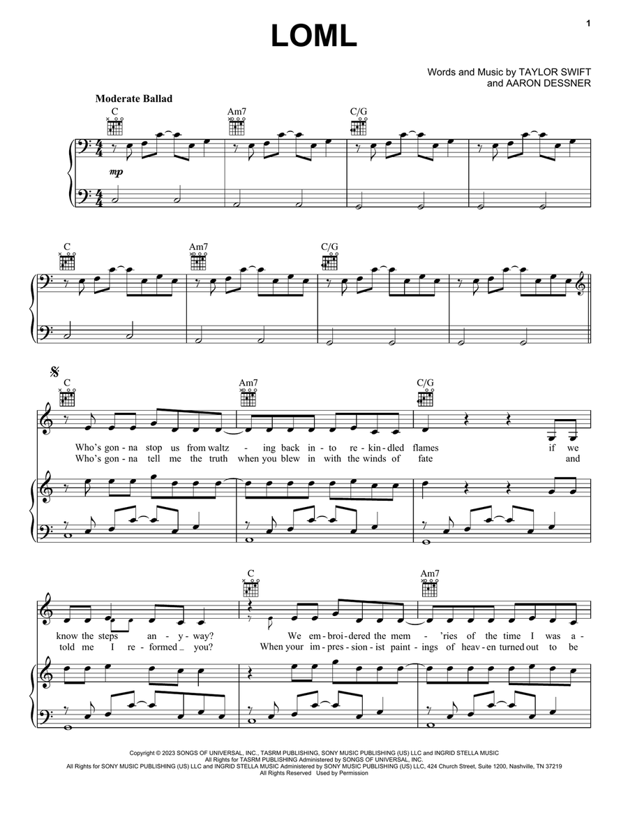 Loml Piano, Vocal, Guitar scores gallery preview page 1