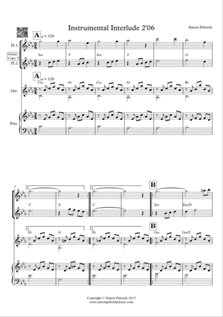 Melodious Instrumental Interlude 2'06 in Cmin for 2 flutes, guitar and/or piano by Simon Peberdy Small Ensemble scores gallery preview page 2