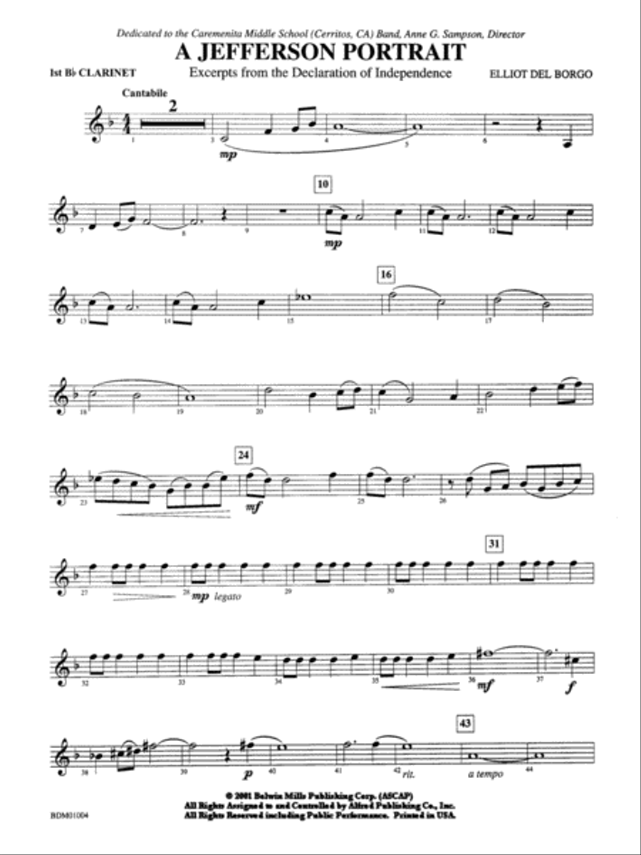 A Jefferson Portrait: 1st B-flat Clarinet Concert Band scores gallery preview page 1