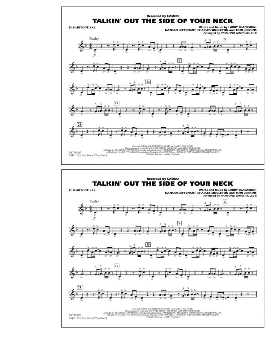 Talkin' Out The Side Of Your Neck - Eb Baritone Sax Marching Band scores gallery preview page 1