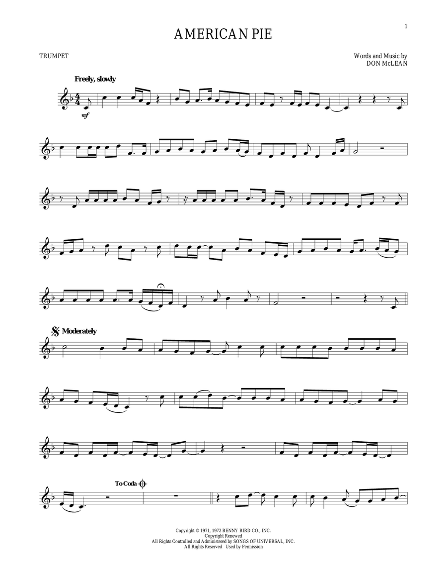 American Pie American Pie Trumpet Solo scores gallery preview page 1