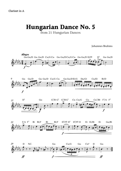Hungarian Dance No. 5 by Brahms for Clarinet in A Solo image number null