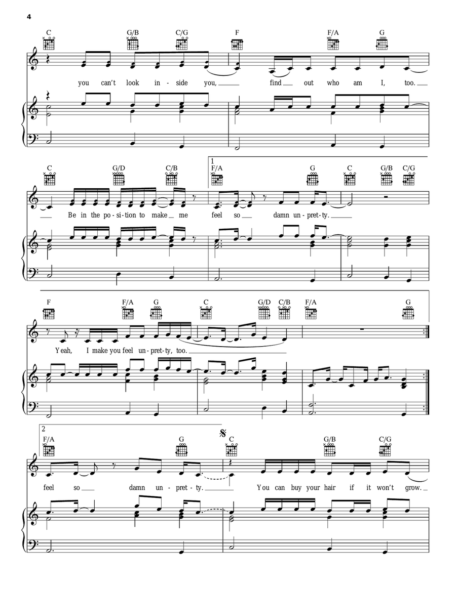 Unpretty Piano, Vocal, Guitar scores gallery preview page 4
