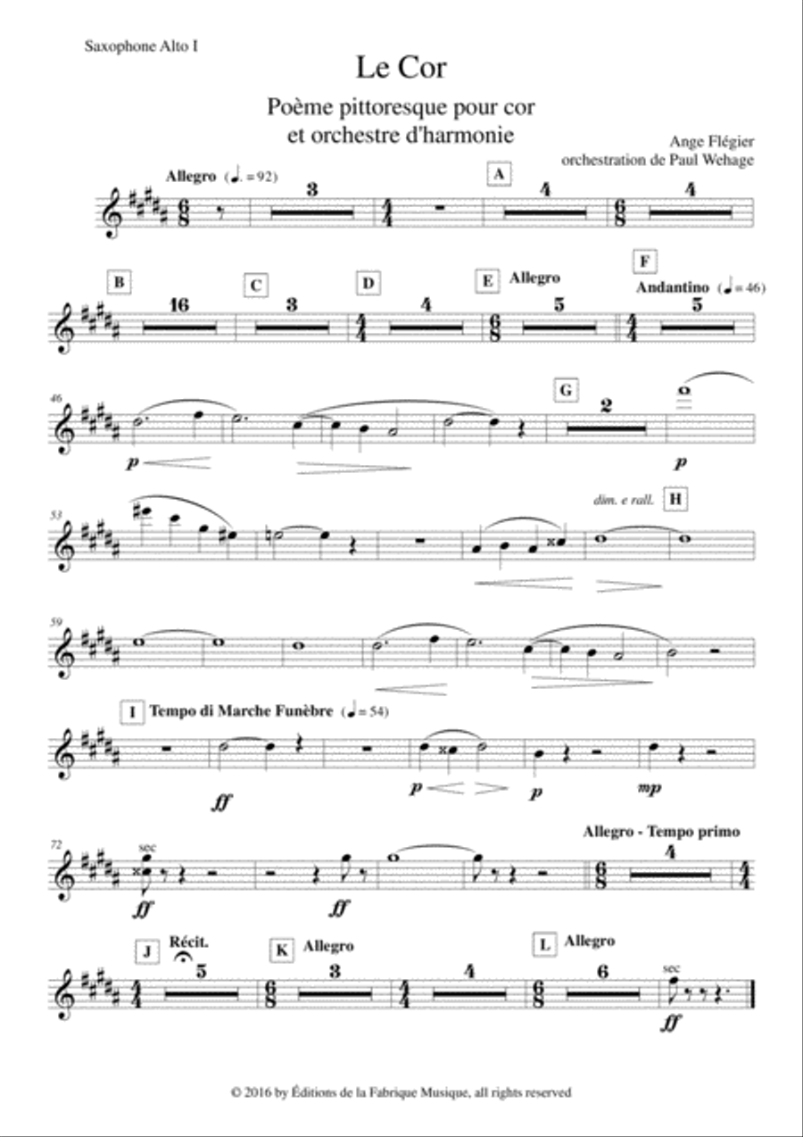 Ange Flégier: Le Cor for solo horn and concert band alto saxophone 1 part Concert Band scores gallery preview page 1