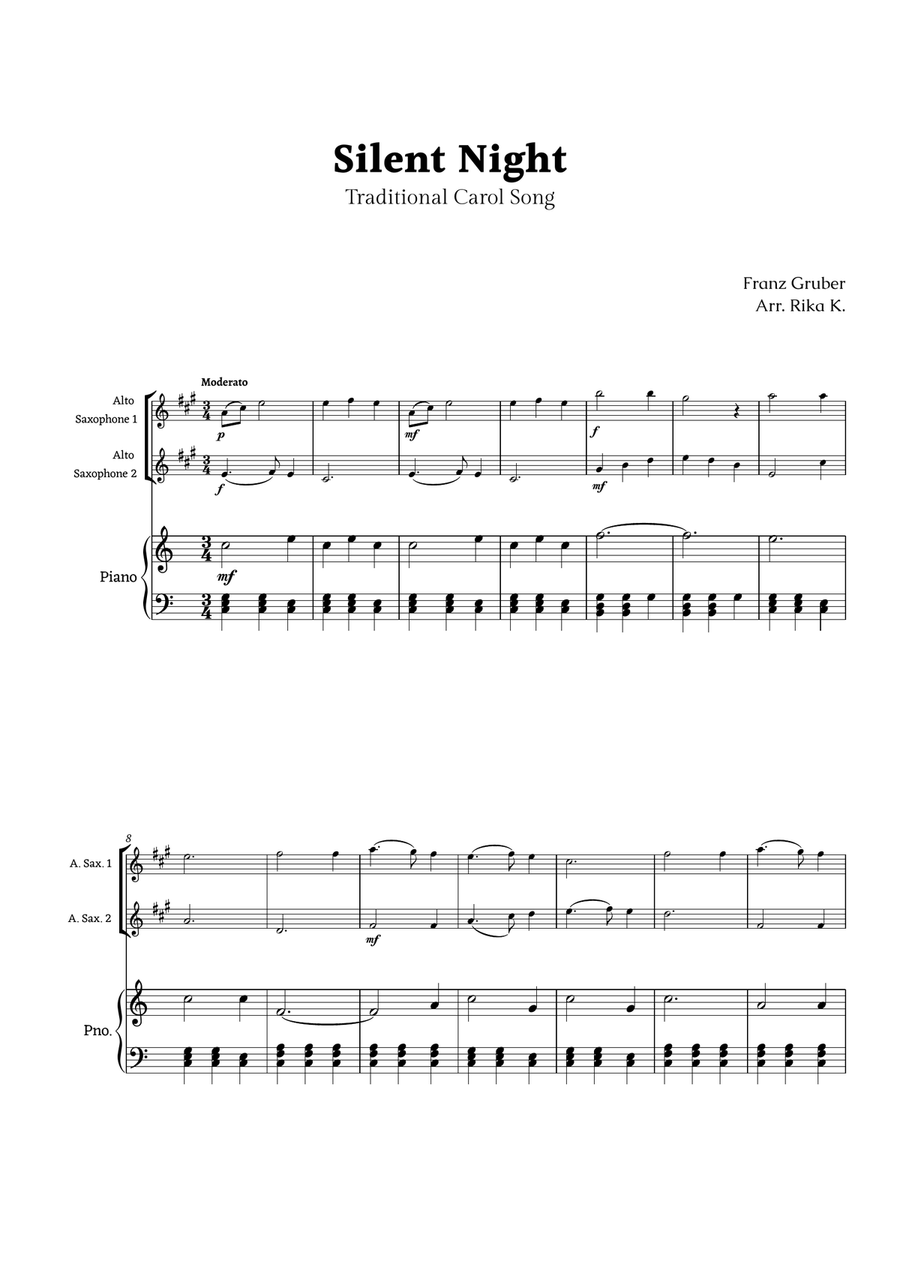 Silent Night for Alto Sax Duet with Piano Woodwind Duet scores gallery preview page 1