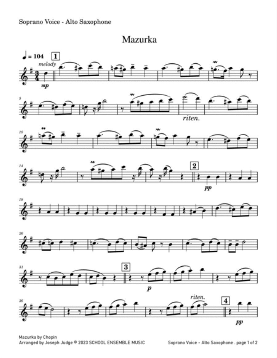 Mazurka by Chopin for Saxophone Quartet in Schools Saxophone Quartet scores gallery preview page 6