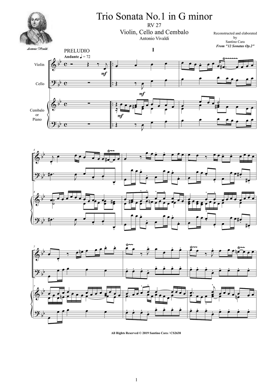 Vivaldi - Trio Sonata No.1 in G minor RV 27 Op.2 for Violin, Cello and Cembalo (or Piano) Piano Trio scores gallery preview page 1