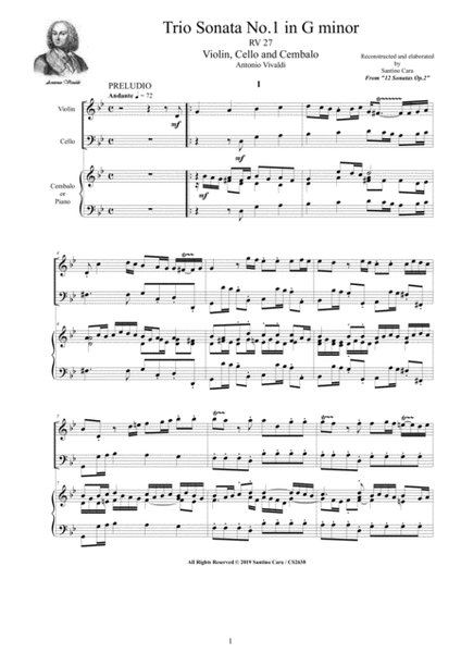 Vivaldi - Trio Sonata No.1 in G minor RV 27 Op.2 for Violin, Cello and Cembalo (or Piano) image number null
