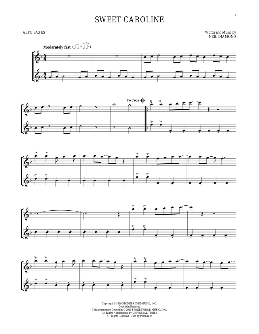 Sweet Caroline Woodwind Duet scores gallery preview page 1