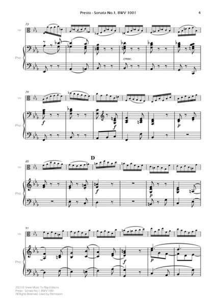 Presto from Sonata No.1, BWV 1001 - Viola and Piano (Full Score and Parts) image number null