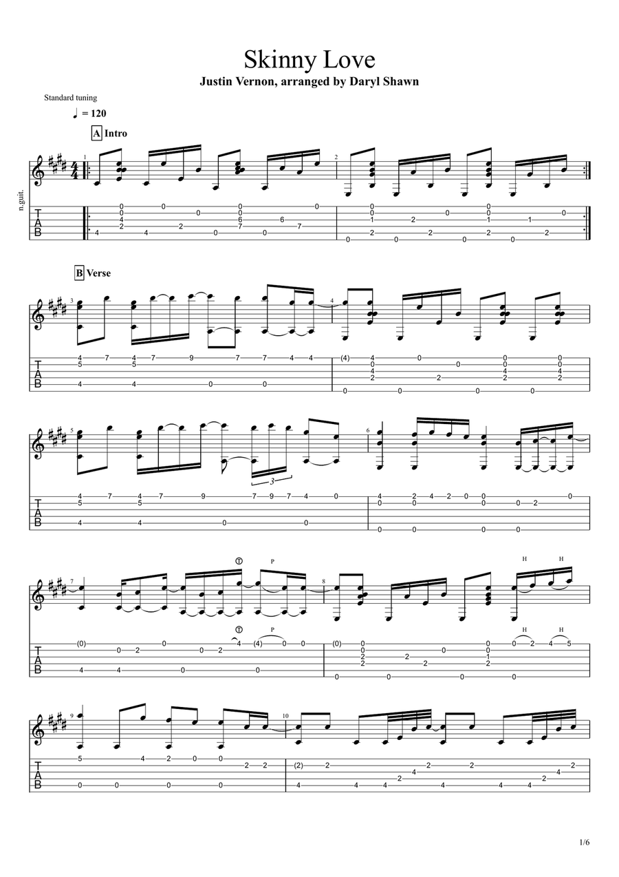 Skinny Love Guitar Tablature scores gallery preview page 1