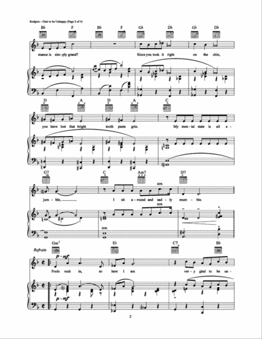 Glad to Be Unhappy Piano, Vocal, Guitar scores gallery preview page 2