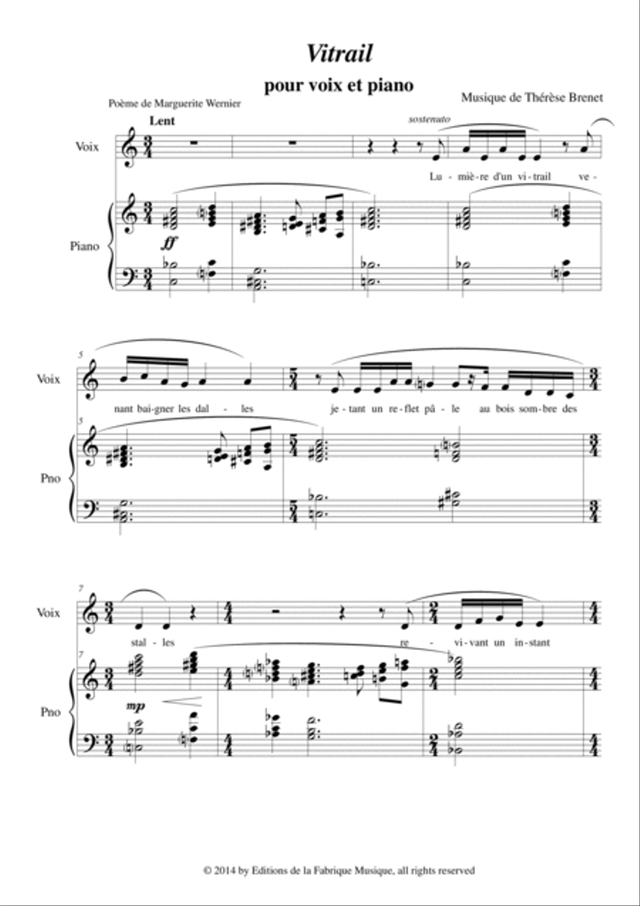 Therese Brenet : Vitrail for medium voice and piano Medium Voice scores gallery preview page 2