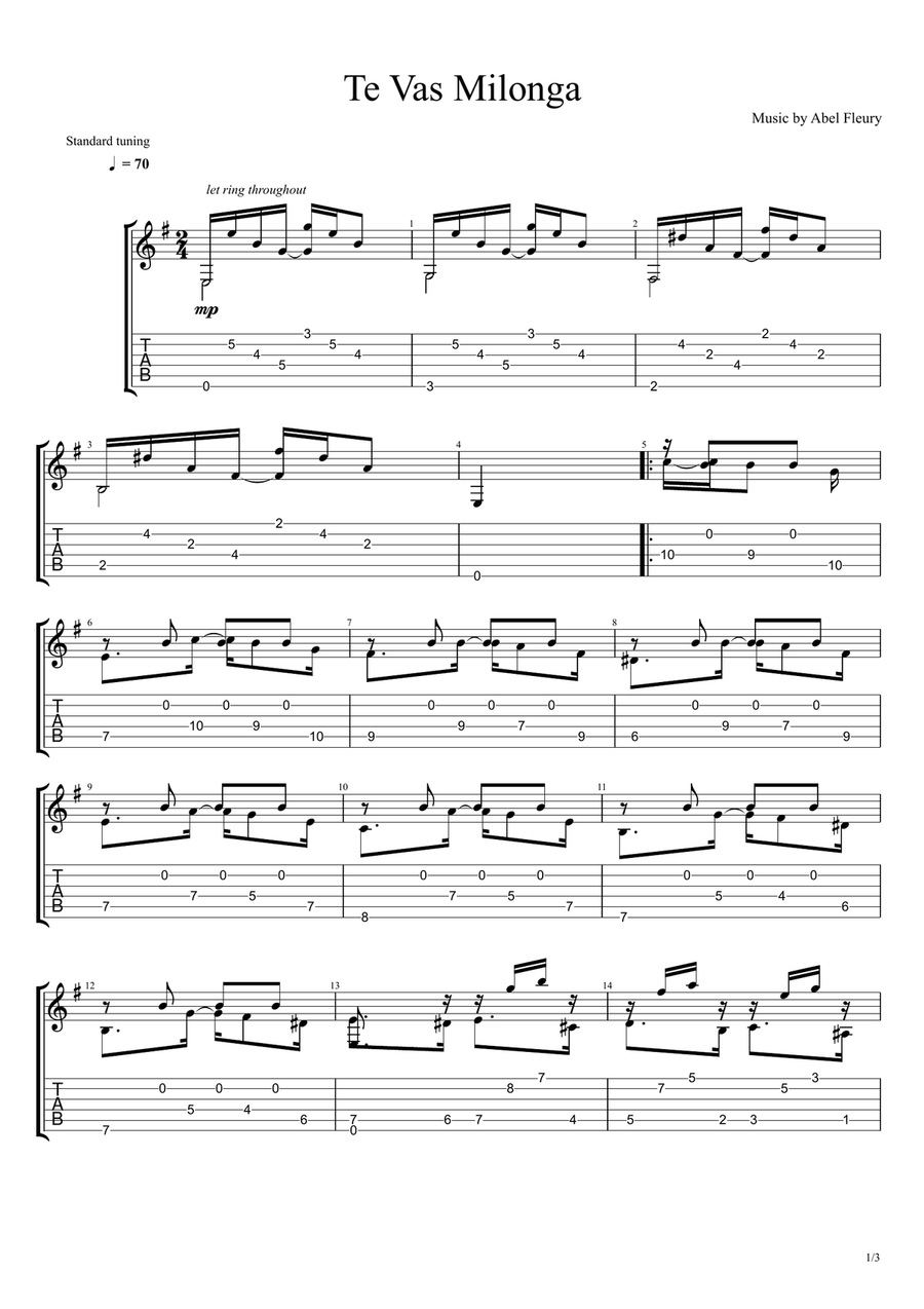 Te Vas Milonga (Milonga) Guitar Tablature scores gallery preview page 1