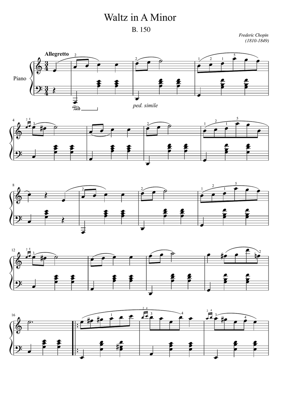 Chopin - Waltz in A minor, B.150 - Original Fo Piano Solo With Fingering Chopin - Waltz in A minor, B.150 - Original Fo Piano Solo With Fingering Easy Piano scores gallery preview page 1