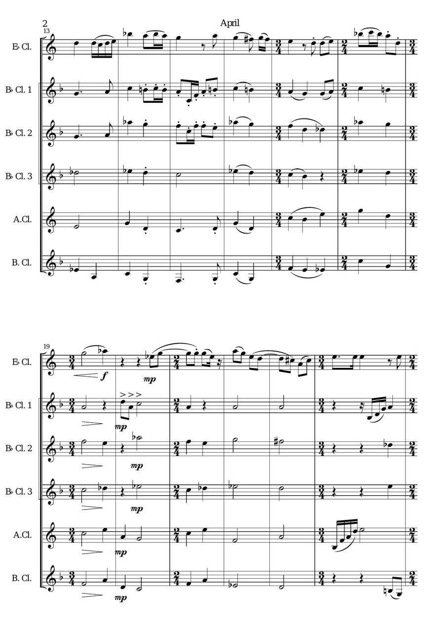 April (April! The grace and smile that all beguile!) for clarinet sextet (with E flats) Clarinet Solo scores gallery preview page 2