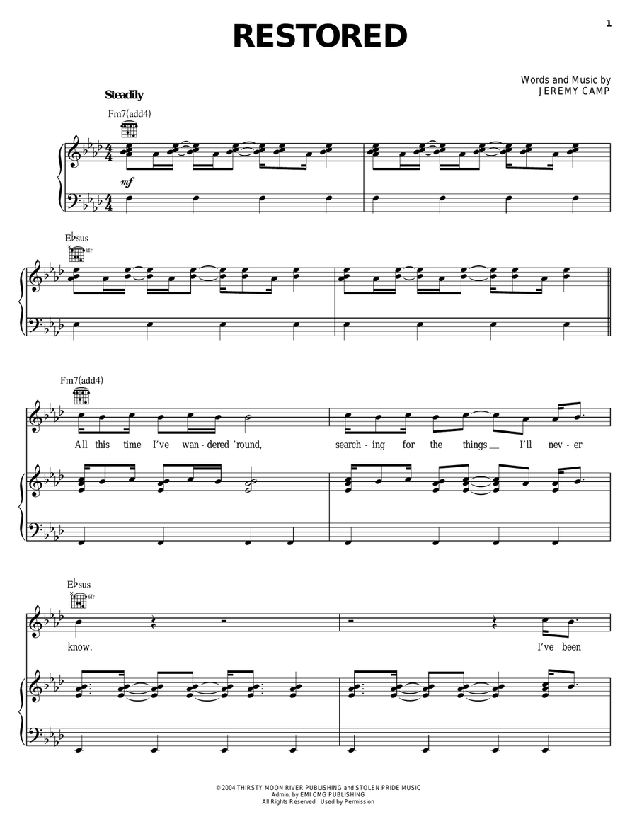Restored by Jeremy Camp Piano, Vocal, Guitar - Digital Sheet Music