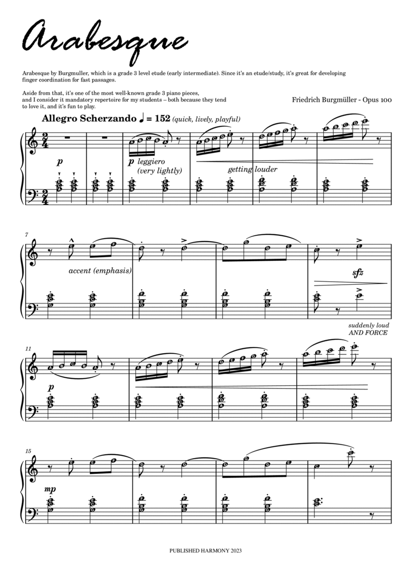 Arabesque in A minor by BURGMULLER (Grade 2) Piano Sheet Music with note names image number null