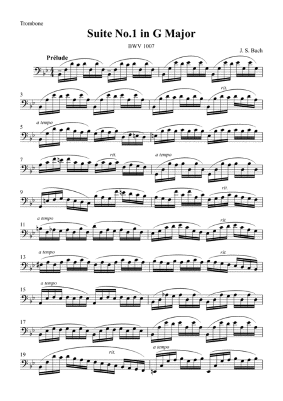 Cello Suite No.1 Prelude for Trombone / J.S.Bach BWV1007 Trombone Solo scores gallery preview page 1
