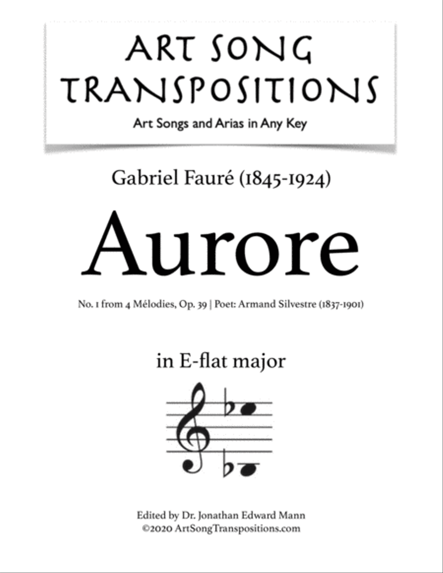 FAURÉ: Aurore, Op. 39 no. 1 (transposed to E-flat major) Voice scores gallery preview page 1