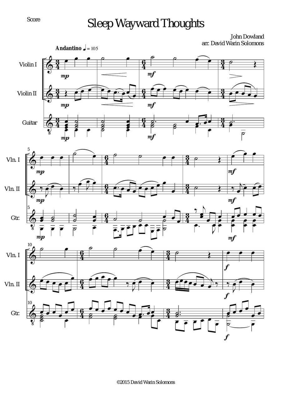 Sleep wayward thoughts for 2 violins and guitar Violin scores gallery preview page 1
