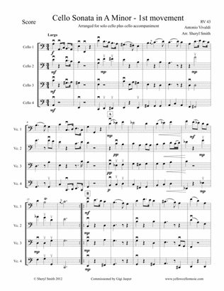 Vivaldi Cello Sonata in A Minor, all four movements, arranged for solo cello plus three cello acc
