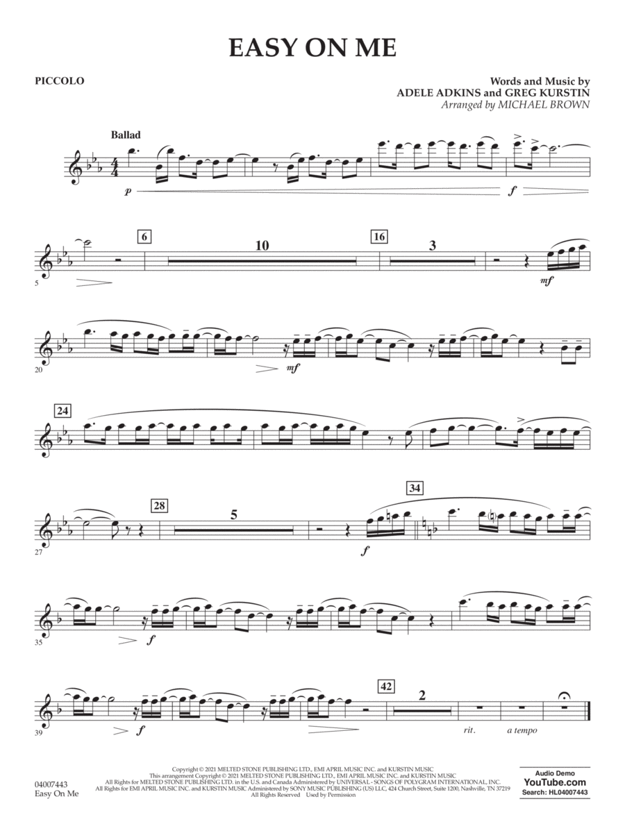 Easy on Me (arr. Michael Brown) - Piccolo