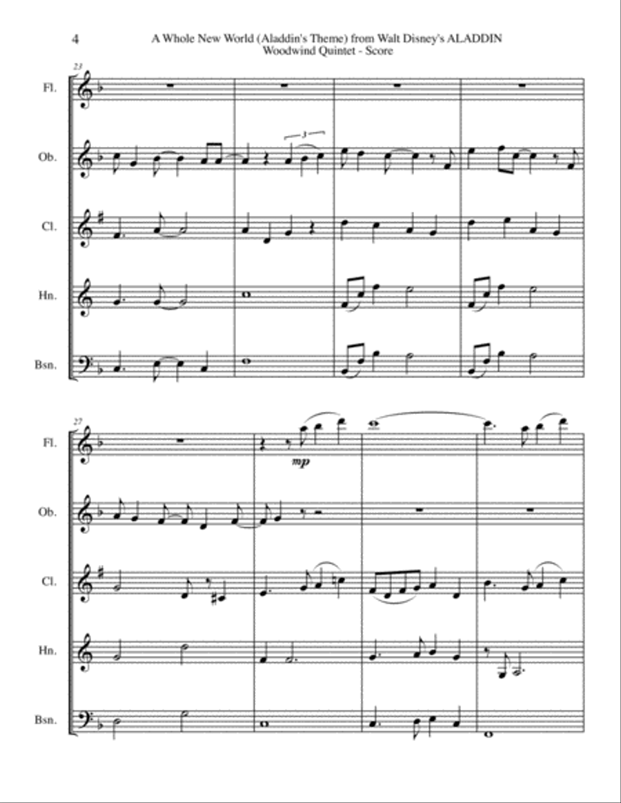 A Whole New World (from 'Aladdin') Woodwind Quintet scores gallery preview page 4