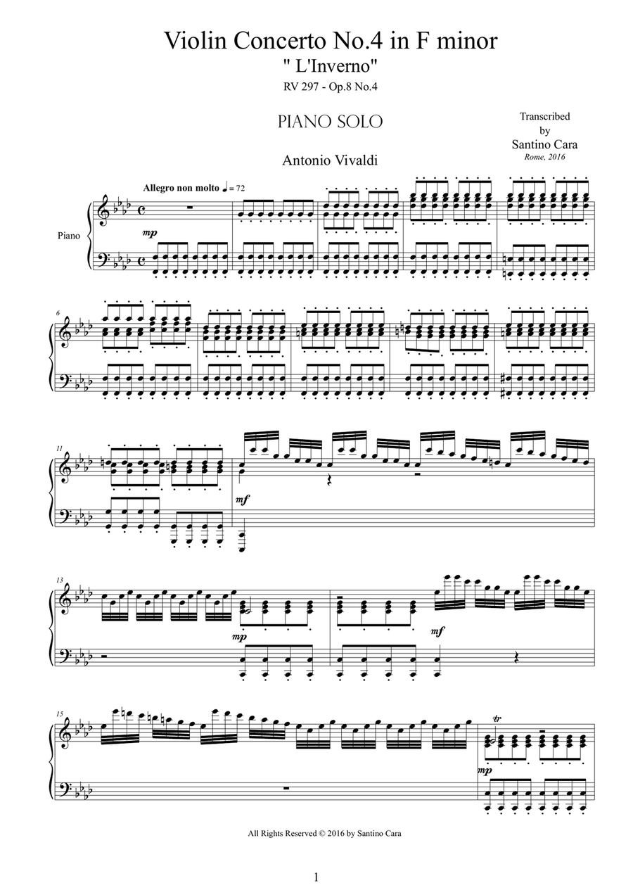 Vivaldi - Violin Concerto No.4 in F minor 'L'inverno', RV 297 - Piano solo Piano Solo scores gallery preview page 1