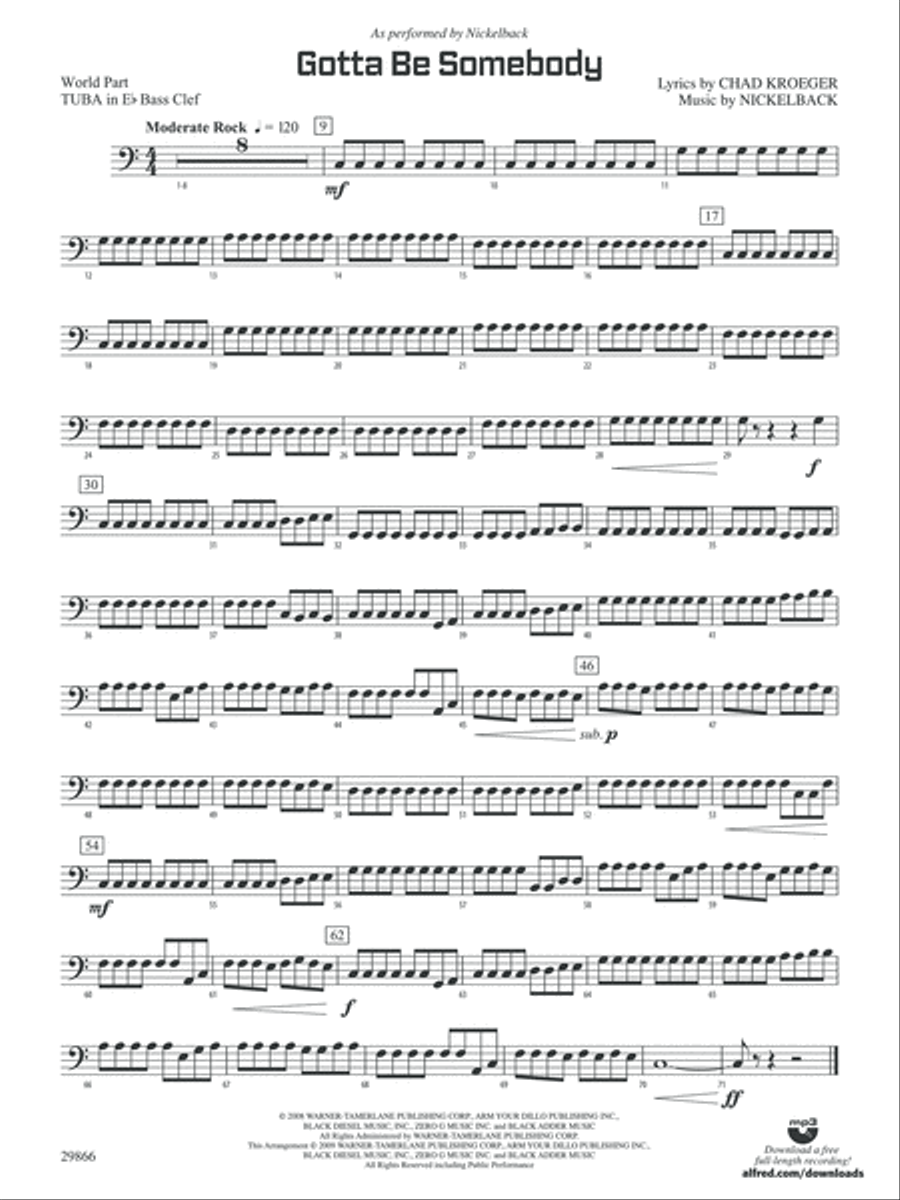 Gotta Be Somebody: (World Part) E-flat Tuba B.C. Concert Band scores gallery preview page 1