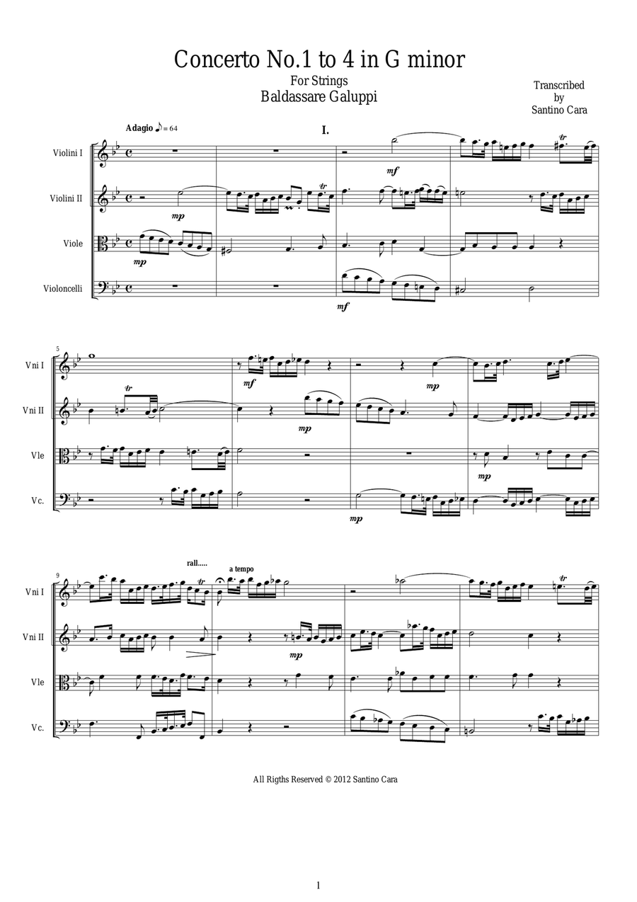Galuppi - Concerto No.1 to 4 in G minor for Strings String Quartet scores gallery preview page 1