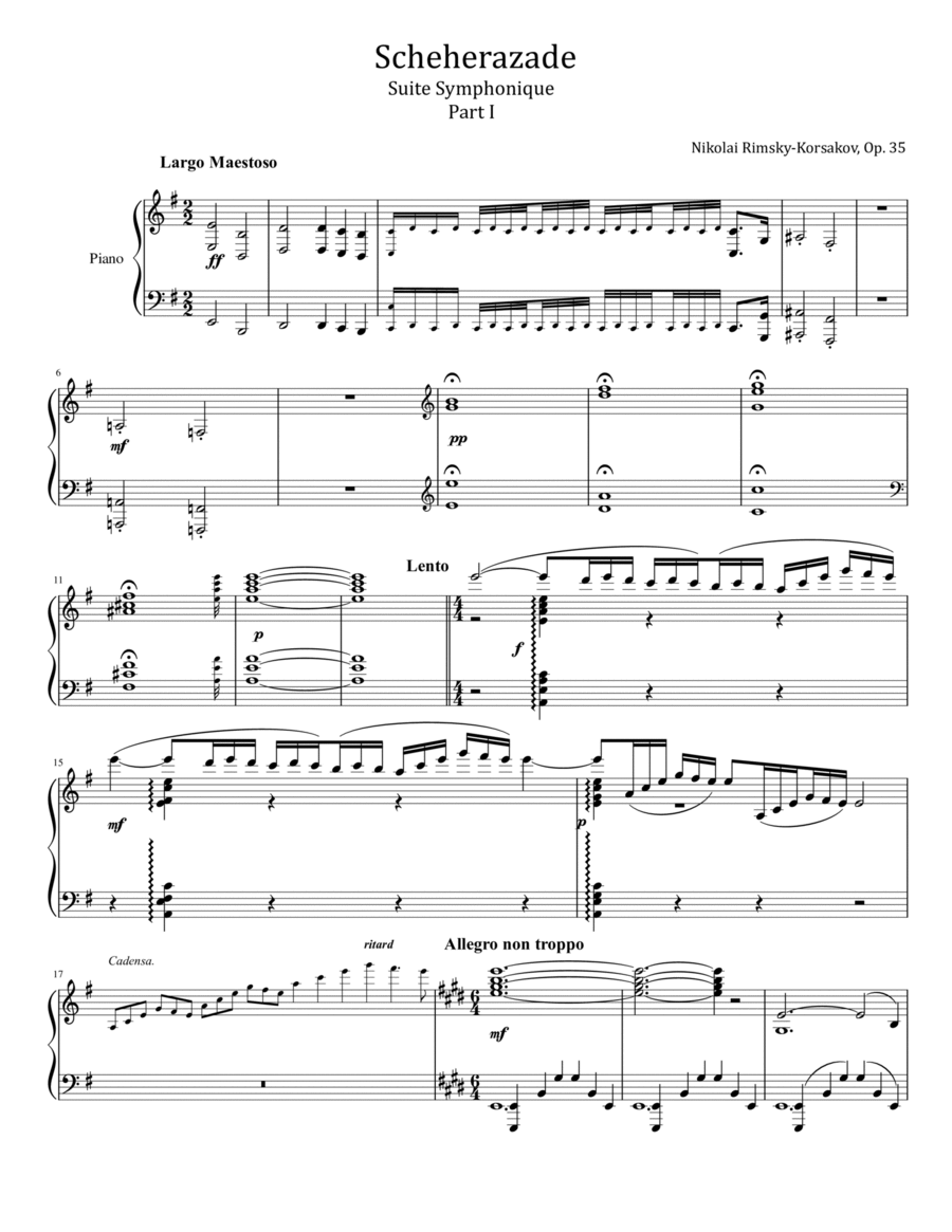 Nikolai Rimsky-Korsakov, Op.35 Scheherazade Suite Symphonique Part I - For Piano Solo Original Piano Solo scores gallery preview page 1