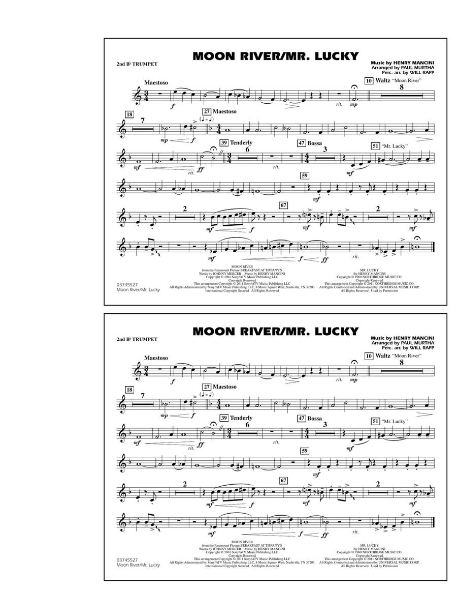 Moon River/Mr. Lucky - 2nd Bb Trumpet Marching Band scores gallery preview page 1