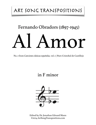 Book cover for OBRADORS: Al Amor (transposed to F minor)
