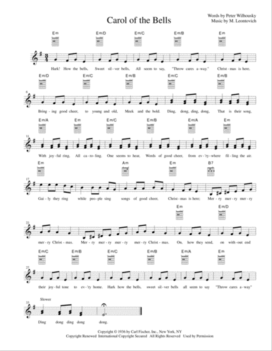 Carol Of The Bells Piano, Vocal, Guitar scores gallery preview page 1