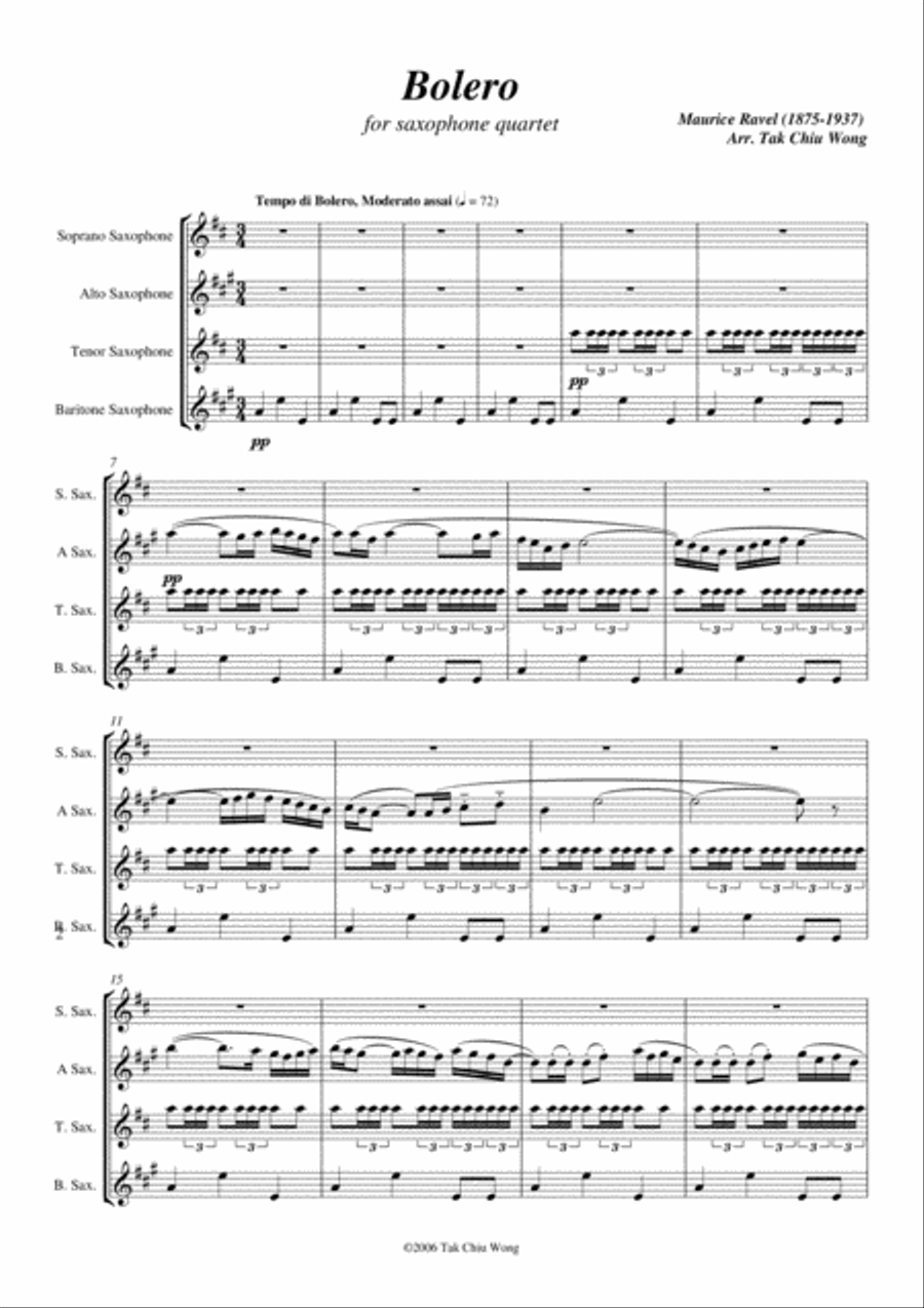 Boléro arranged for Saxophone Quartet Saxophone Quartet scores gallery preview page 2