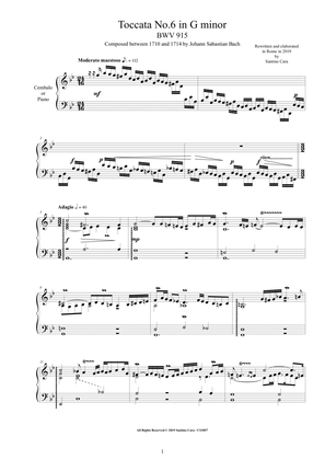 Book cover for Bach - Toccata No.6 in G minor BWV 915 for Harpsichord or Piano - Complete score