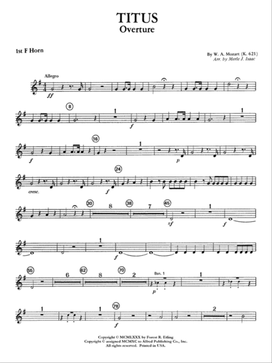 Titus Overture: 1st F Horn Full Orchestra scores gallery preview page 1