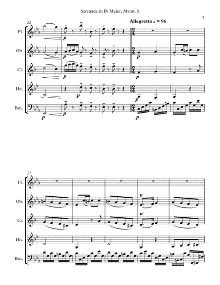 Mozart: Serenade in Bb Major, K. 361 (Gran Partita) for Wind Quintet Mvmt. 5 (Romanze) Woodwind Quintet scores gallery preview page 3