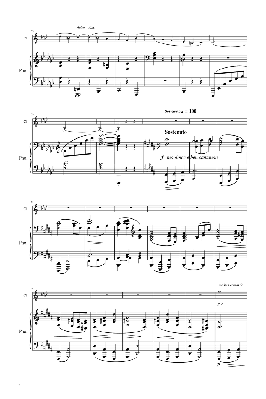 Brahms - Sonata for Clarinet and Piano Op.120 No.2 (2nd Mov) - Original Score and Parts B-Flat Clarinet scores gallery preview page 4