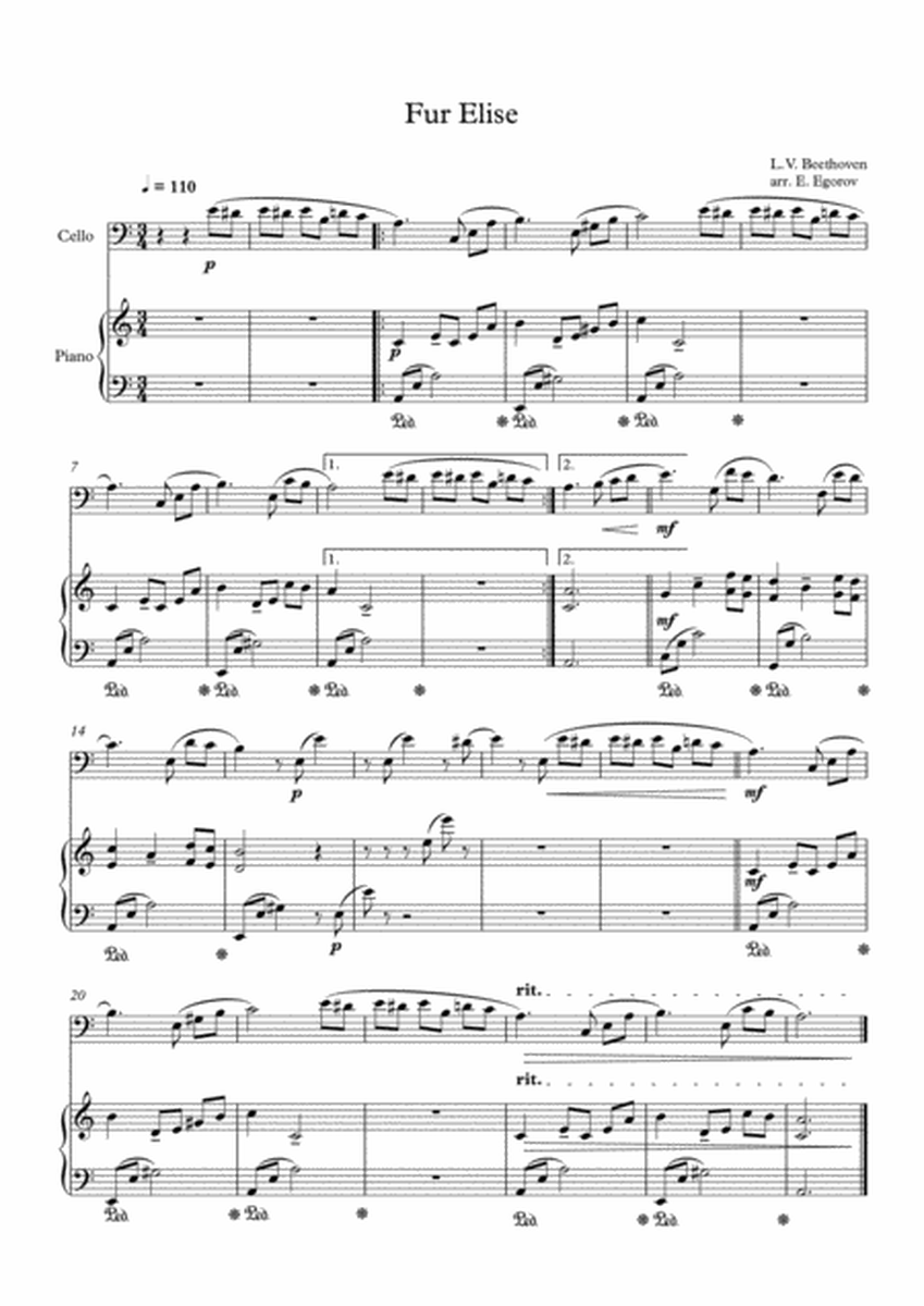 Fur Elise, Ludwig Van Beethoven, For Cello & Piano image number null