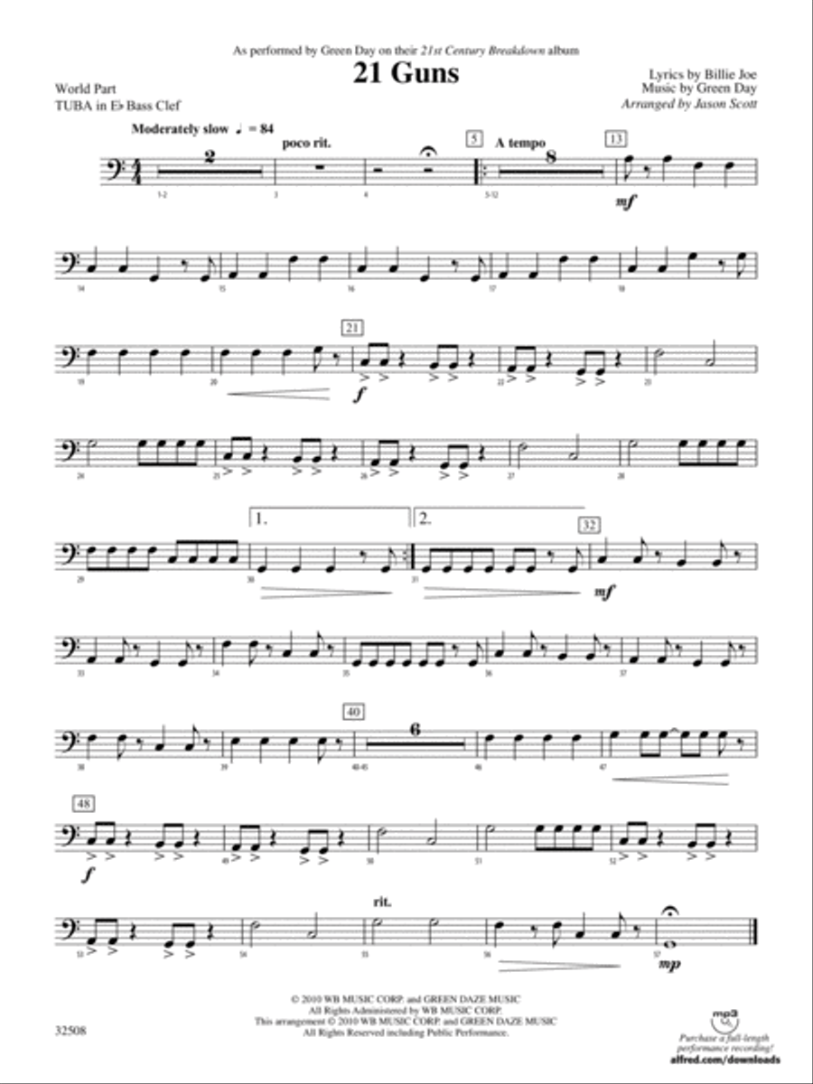21 Guns: (World Part) E-flat Tuba B.C. Concert Band scores gallery preview page 1