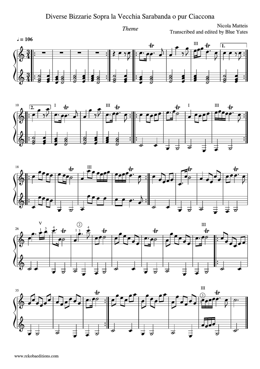 Theme from 'Diverse Bizarrie Sopra La Vecchia Sarabanda O Pur Ciaccona' (Nicola Matteis) Classical Guitar scores gallery preview page 1