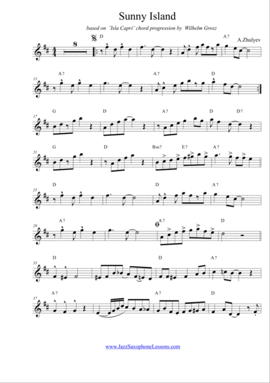 ¨Sunny Island¨ New Orleans Jazz style composition for Saxophone Alto/Baritone (Eb) Woodwind Duet scores gallery preview page 2