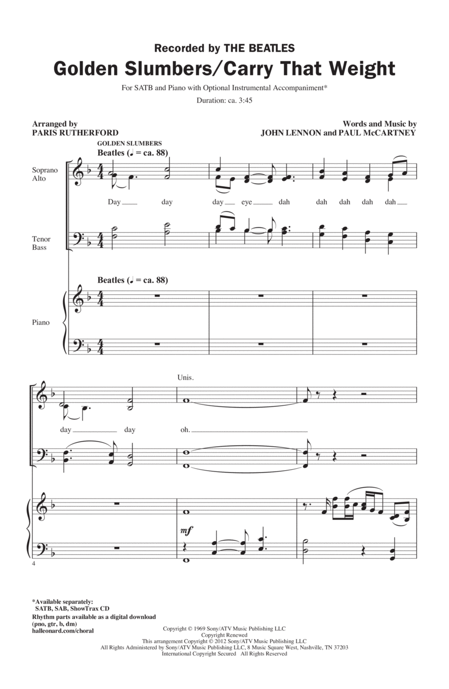 Golden Slumbers 4-Part scores gallery preview page 1
