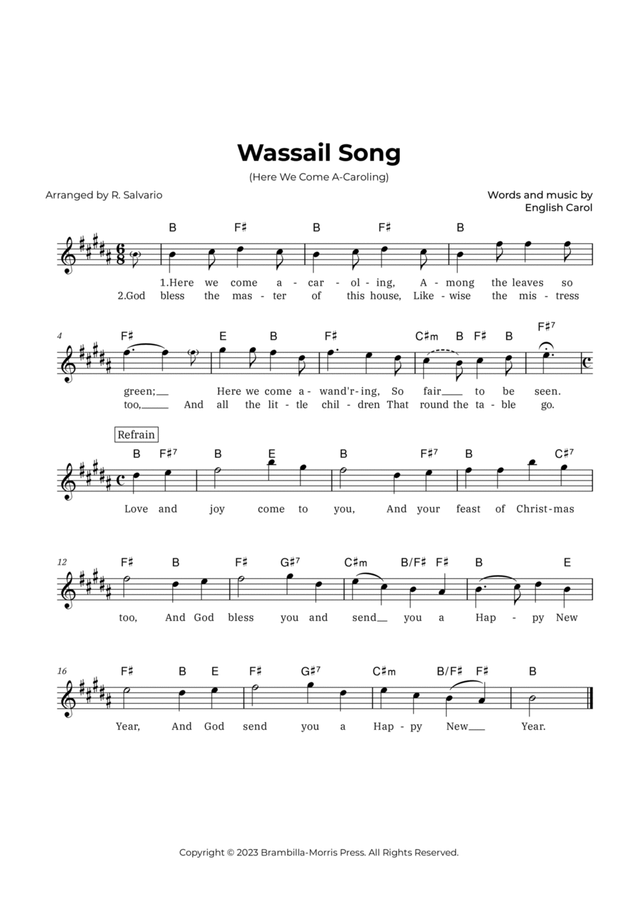 Wassail Song (Here We Come A-Caroling) - Key of B Major Piano scores gallery preview page 1